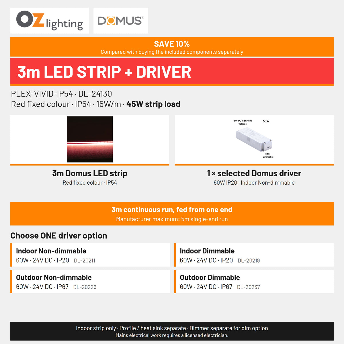 Domus PLEX Vivid 3 Metre 15W/m Red Strip and Driver Bundle-Domus Lighting-Ozlighting.com.au
