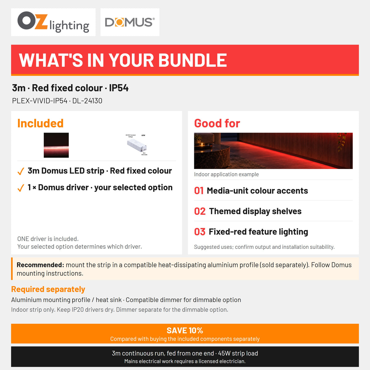 Domus PLEX Vivid 3 Metre 15W/m Red Strip and Driver Bundle-Domus Lighting-Ozlighting.com.au