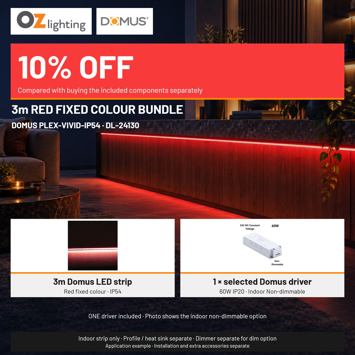 Domus PLEX-VIVID-IP54 LED Strip & Driver Bundle - Red, 3m-Domus Lighting-Ozlighting.com.au