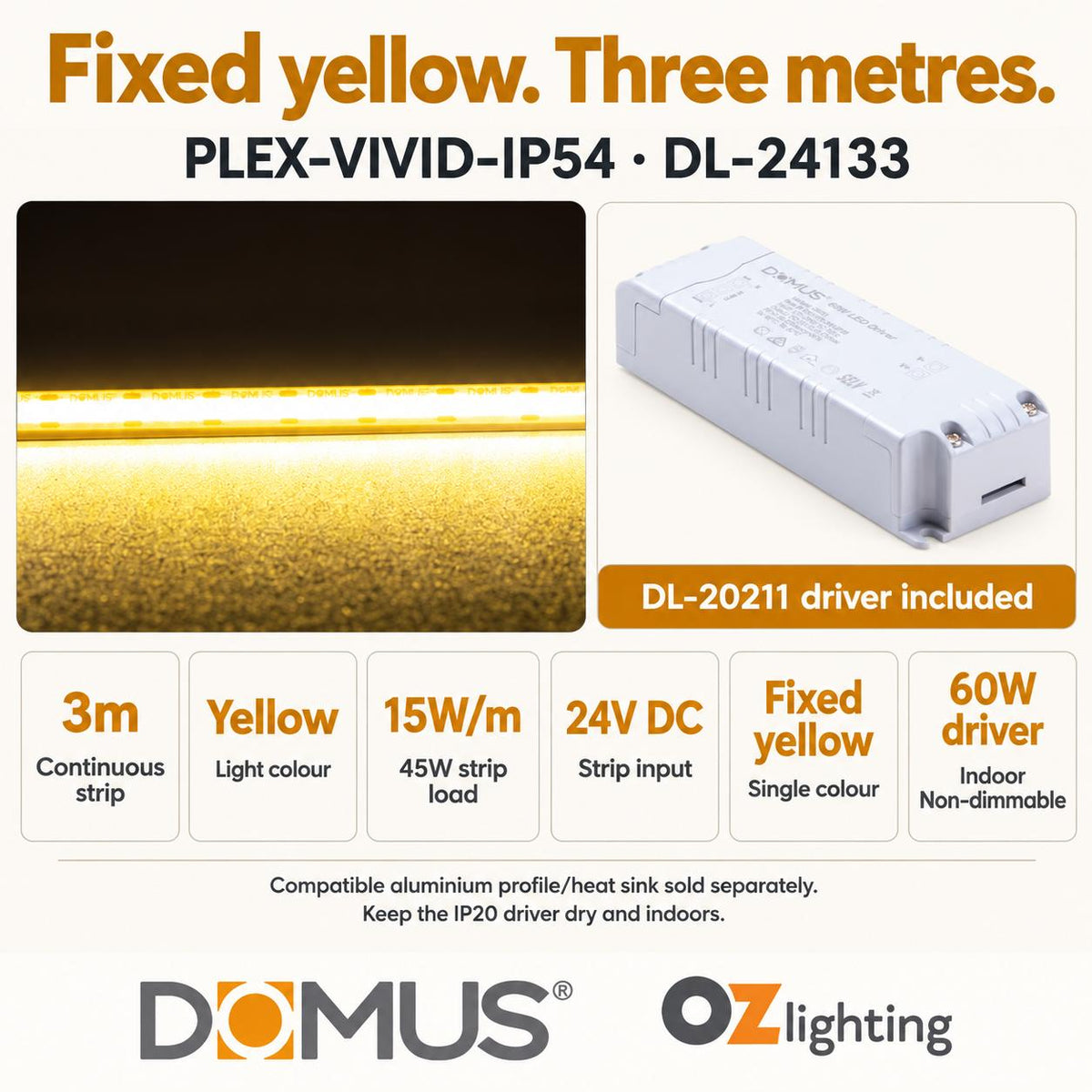 Domus PLEX Vivid 3 Metre 15W/m Yellow Strip and Driver Bundle-Domus Lighting-Ozlighting.com.au