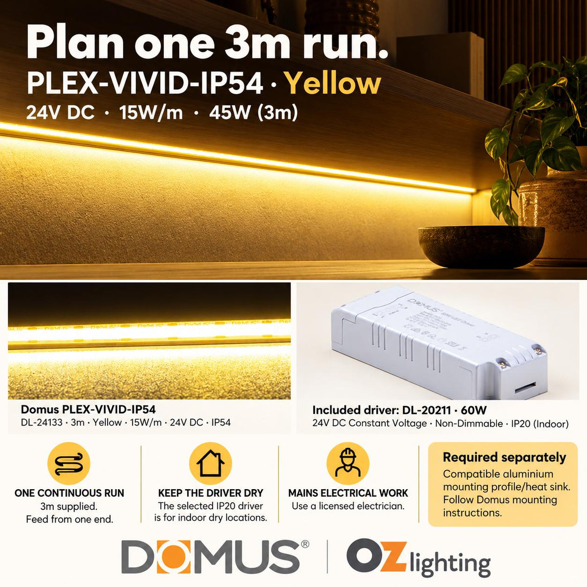 Domus PLEX Vivid 3 Metre 15W/m Yellow Strip and Driver Bundle-Domus Lighting-Ozlighting.com.au