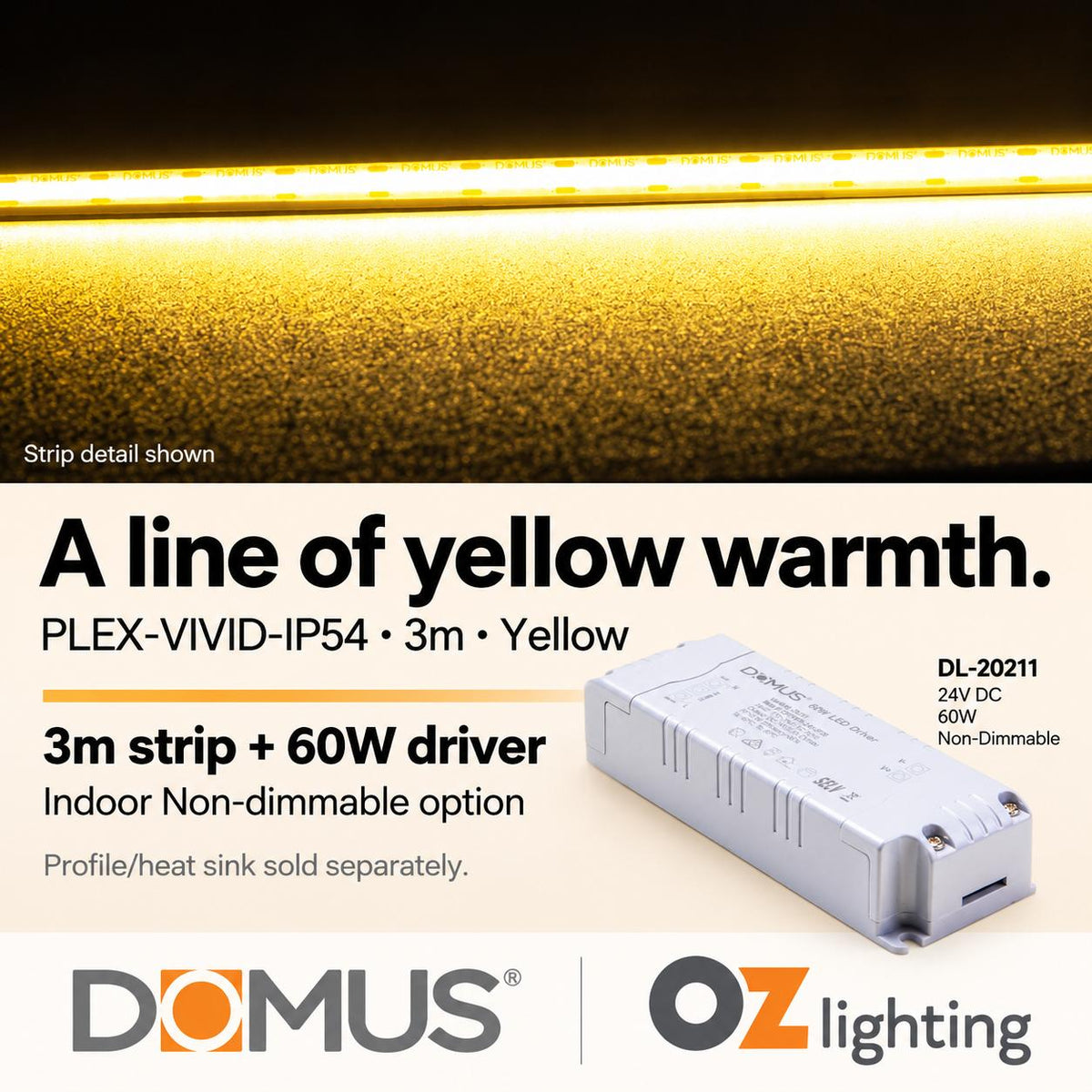Domus PLEX Vivid 3 Metre 15W/m Yellow Strip and Driver Bundle-Domus Lighting-Ozlighting.com.au