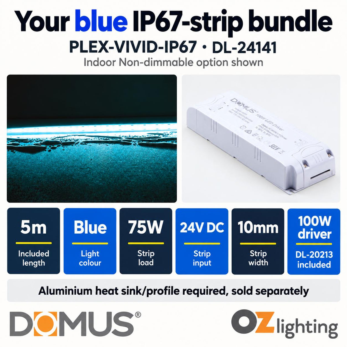 Domus PLEX Vivid 5 Metre 15W/m Blue Outdoor Strip and Driver Bundle-Domus Lighting-Ozlighting.com.au