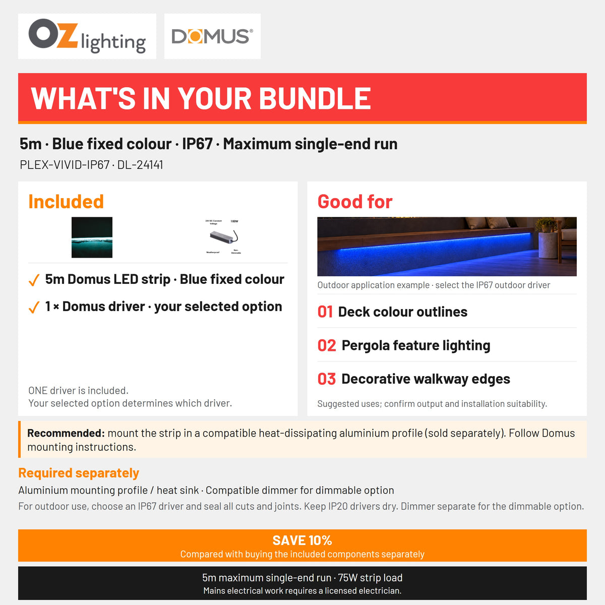 Domus PLEX-VIVID-IP67 LED Strip & Driver Bundle - Blue, 5m-Domus Lighting-Ozlighting.com.au