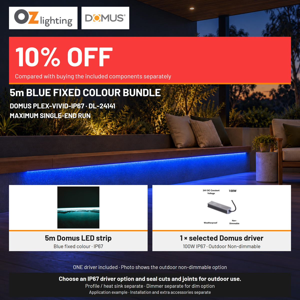 Domus PLEX-VIVID-IP67 LED Strip & Driver Bundle - Blue, 5m-Domus Lighting-Ozlighting.com.au