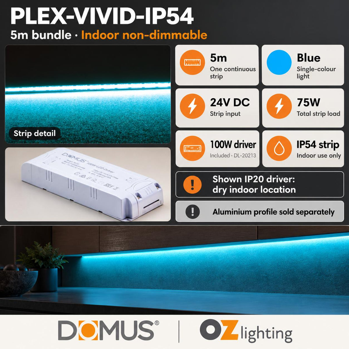 Domus PLEX Vivid 5 Metre 15W/m Blue Strip and Driver Bundle-Domus Lighting-Ozlighting.com.au