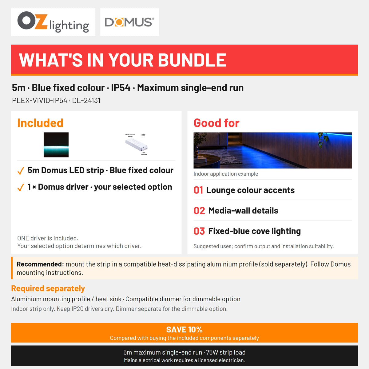 Domus PLEX Vivid 5 Metre 15W/m Blue Strip and Driver Bundle-Domus Lighting-Ozlighting.com.au