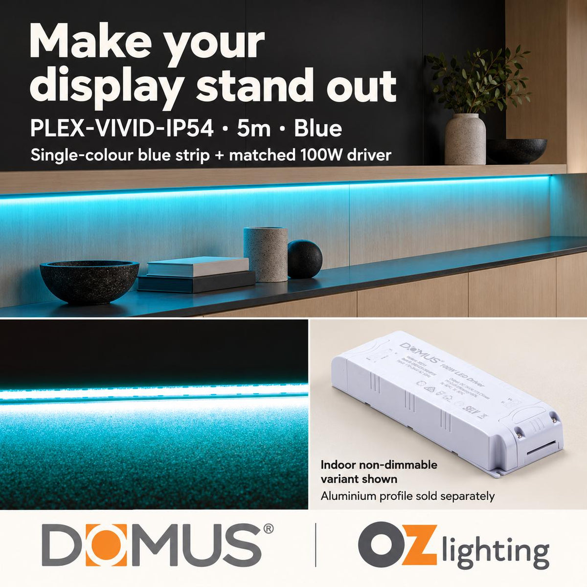 Domus PLEX Vivid 5 Metre 15W/m Blue Strip and Driver Bundle-Domus Lighting-Ozlighting.com.au