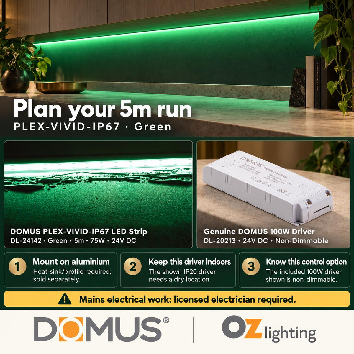 Domus PLEX Vivid 5 Metre 15W/m Green Outdoor Strip and Driver Bundle-Domus Lighting-Ozlighting.com.au