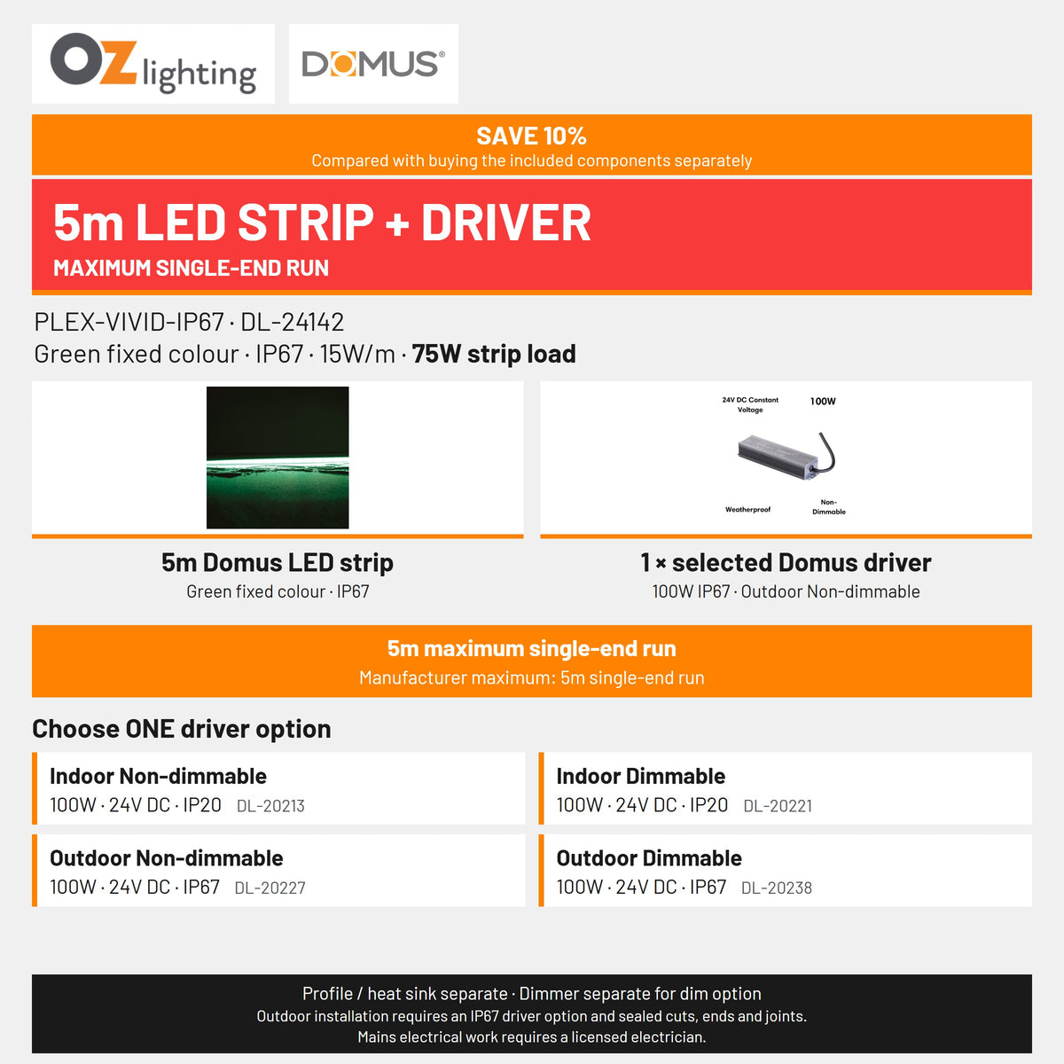 Domus PLEX Vivid 5 Metre 15W/m Green Outdoor Strip and Driver Bundle-Domus Lighting-Ozlighting.com.au