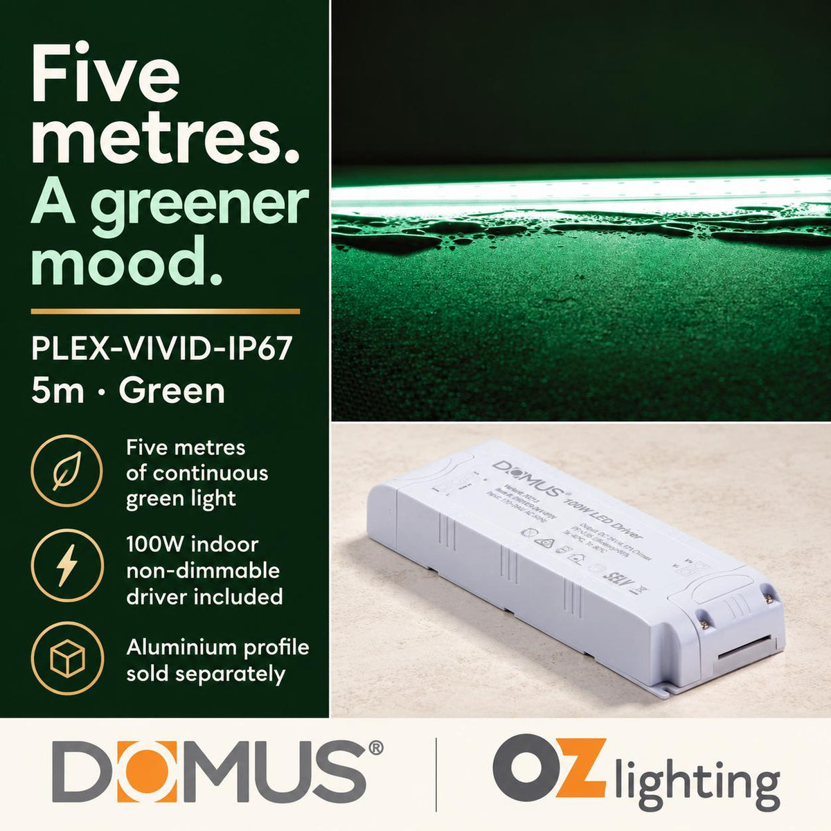 Domus PLEX Vivid 5 Metre 15W/m Green Outdoor Strip and Driver Bundle-Domus Lighting-Ozlighting.com.au