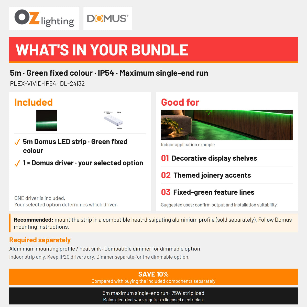 Domus PLEX Vivid 5 Metre 15W/m Green Strip and Driver Bundle-Domus Lighting-Ozlighting.com.au