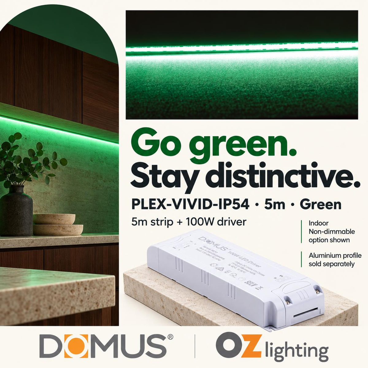 Domus PLEX Vivid 5 Metre 15W/m Green Strip and Driver Bundle-Domus Lighting-Ozlighting.com.au