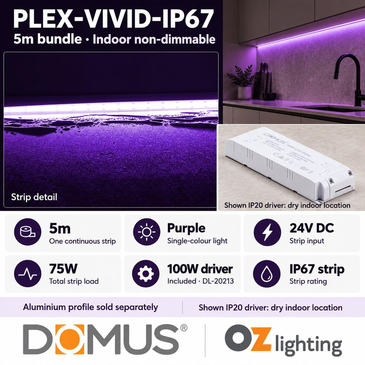 Domus PLEX Vivid 5 Metre 15W/m Purple Outdoor Strip and Driver Bundle-Domus Lighting-Ozlighting.com.au