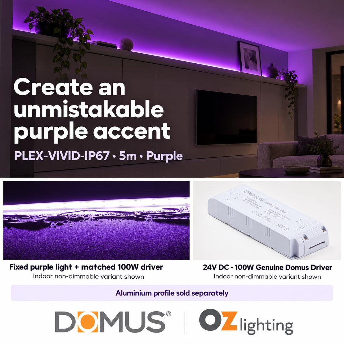 Domus PLEX Vivid 5 Metre 15W/m Purple Outdoor Strip and Driver Bundle-Domus Lighting-Ozlighting.com.au