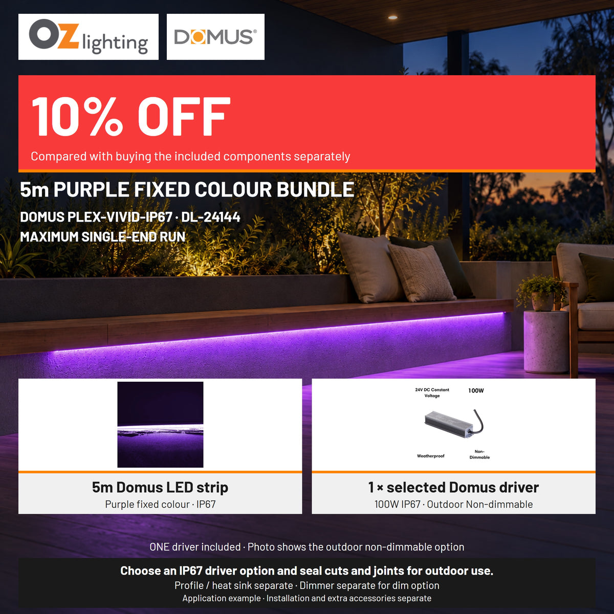 Domus PLEX Vivid 5 Metre 15W/m Purple Outdoor Strip and Driver Bundle-Domus Lighting-Ozlighting.com.au