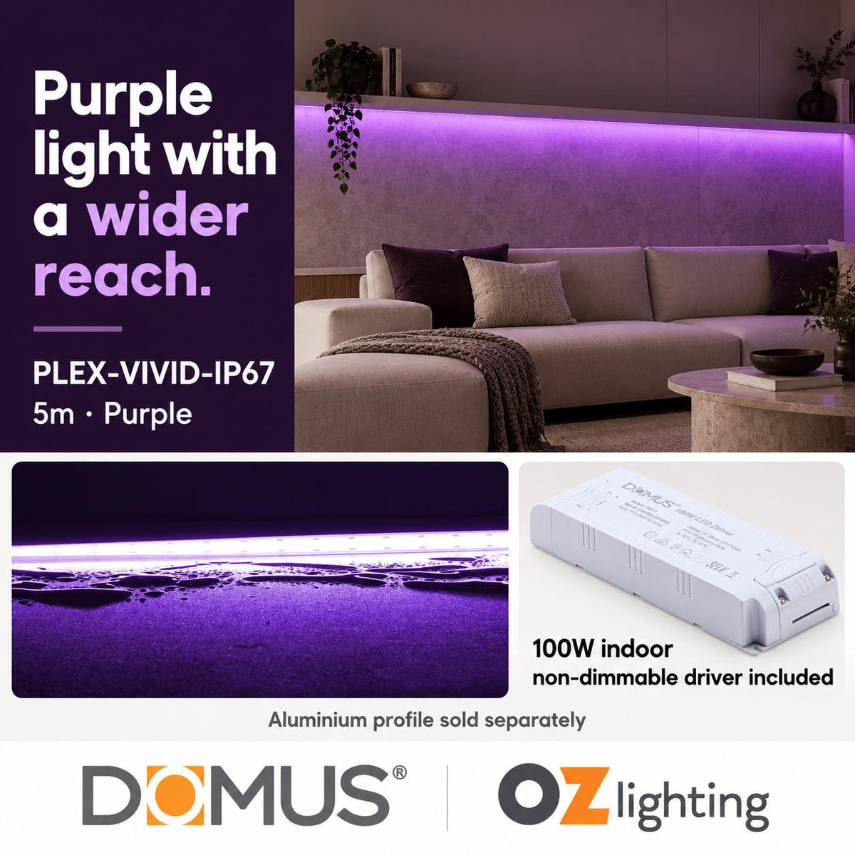 Domus PLEX Vivid 5 Metre 15W/m Purple Outdoor Strip and Driver Bundle-Domus Lighting-Ozlighting.com.au