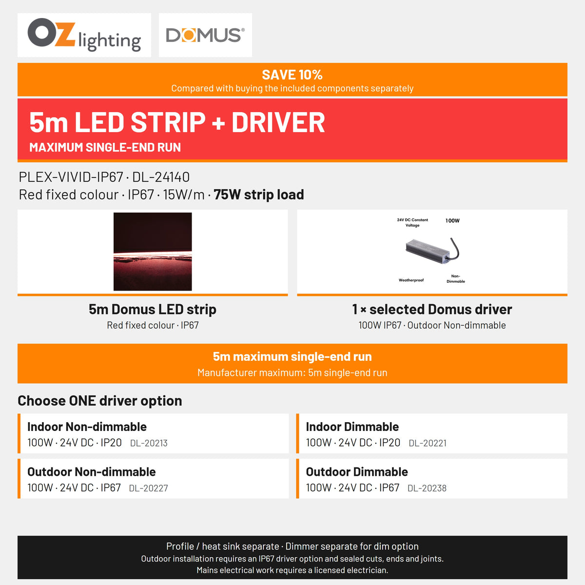 Domus PLEX-VIVID-IP67 LED Strip & Driver Bundle - Red, 5m-Domus Lighting-Ozlighting.com.au
