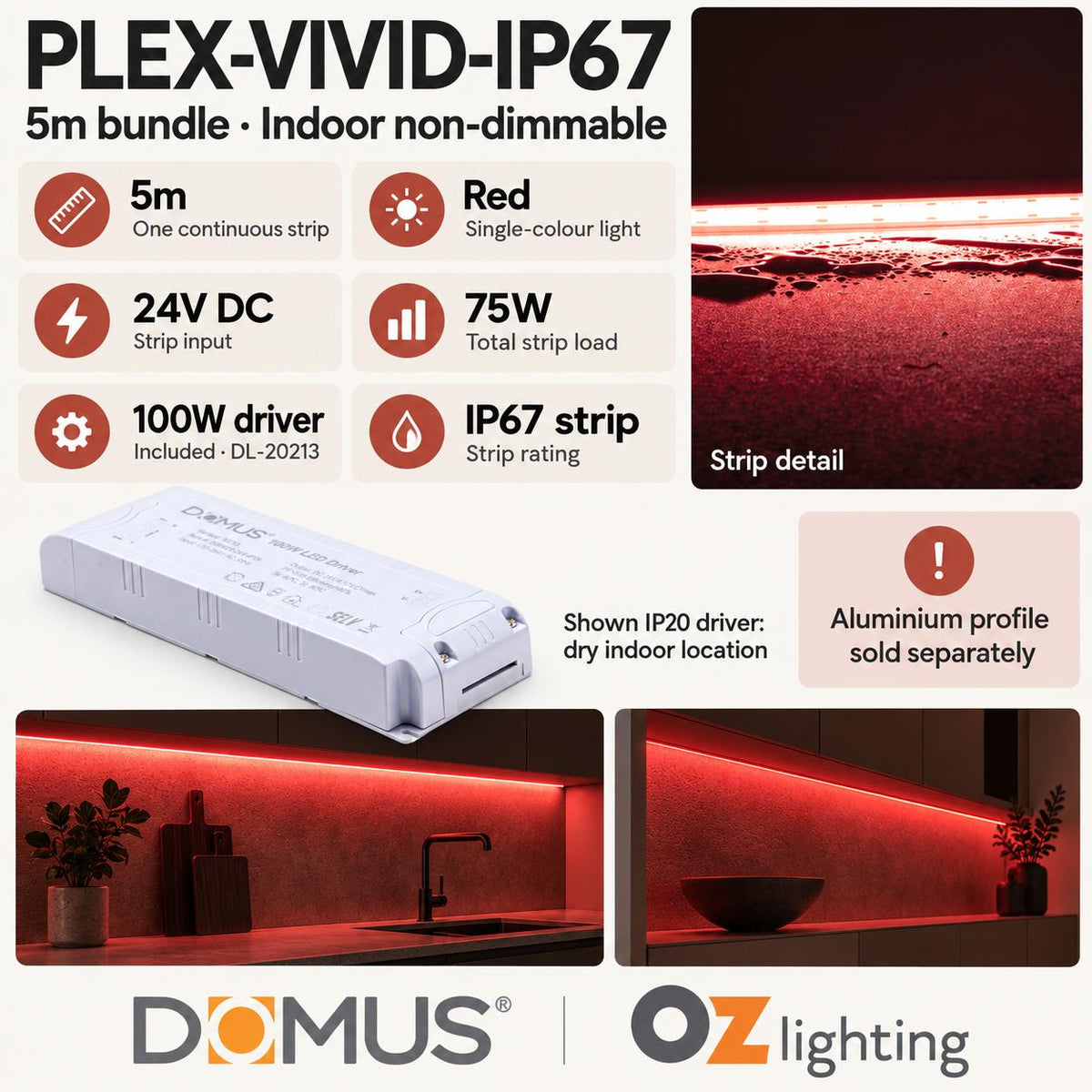 Domus PLEX Vivid 5 Metre 15W/m Red Outdoor Strip and Driver Bundle-Domus Lighting-Ozlighting.com.au