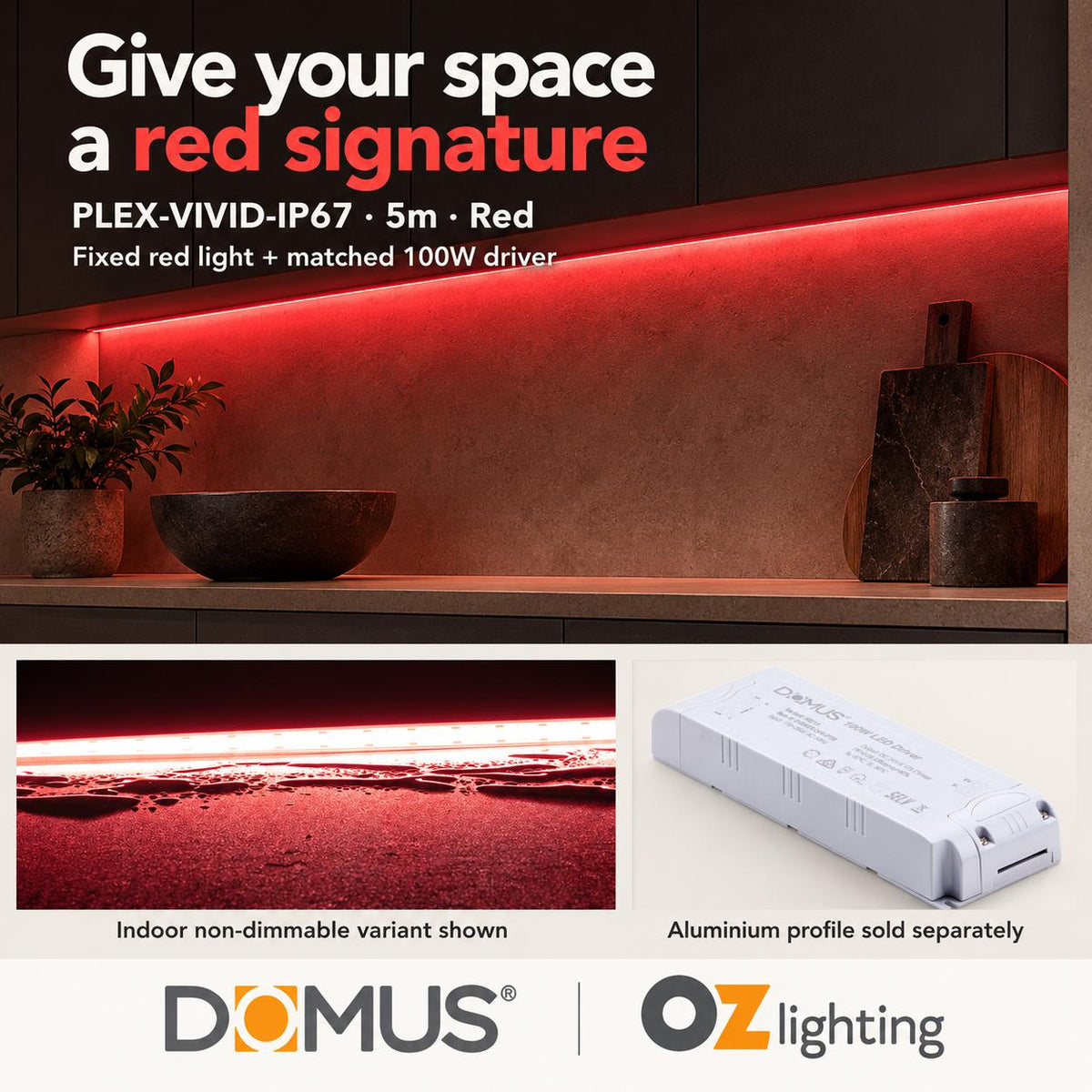 Domus PLEX Vivid 5 Metre 15W/m Red Outdoor Strip and Driver Bundle-Domus Lighting-Ozlighting.com.au