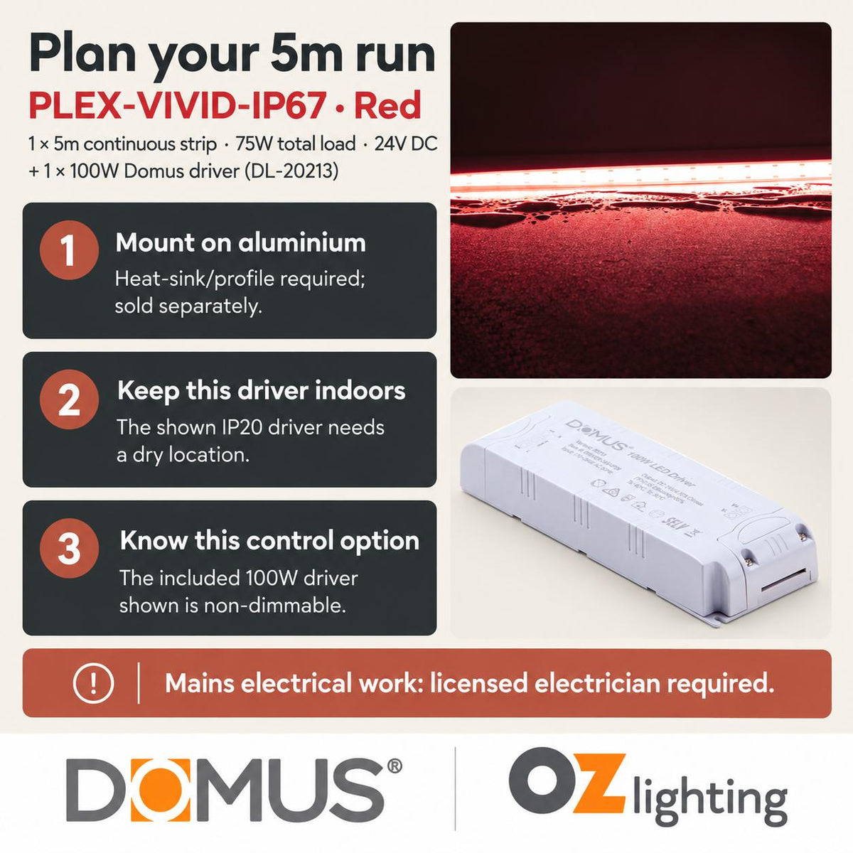 Domus PLEX Vivid 5 Metre 15W/m Red Outdoor Strip and Driver Bundle-Domus Lighting-Ozlighting.com.au