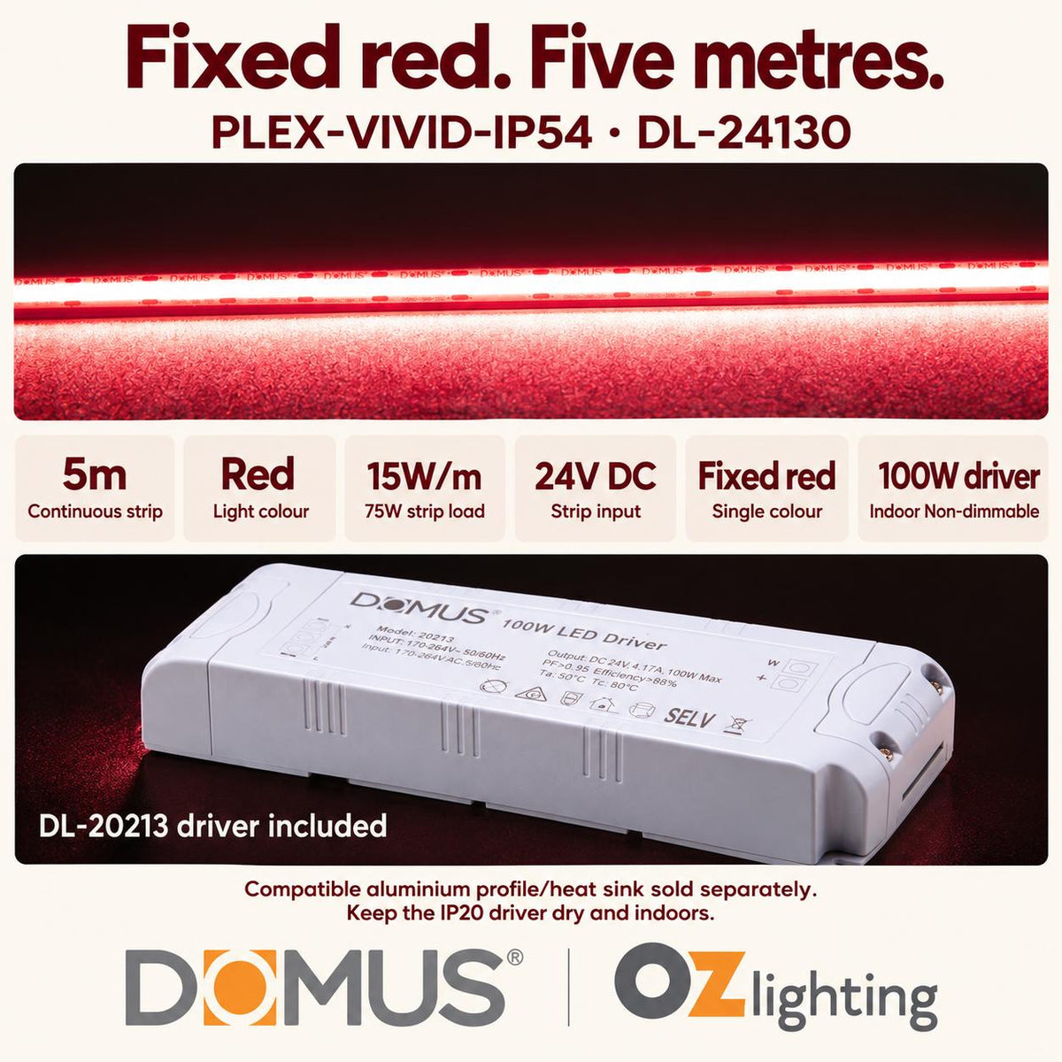 Domus PLEX Vivid 5 Metre 15W/m Red Strip and Driver Bundle-Domus Lighting-Ozlighting.com.au