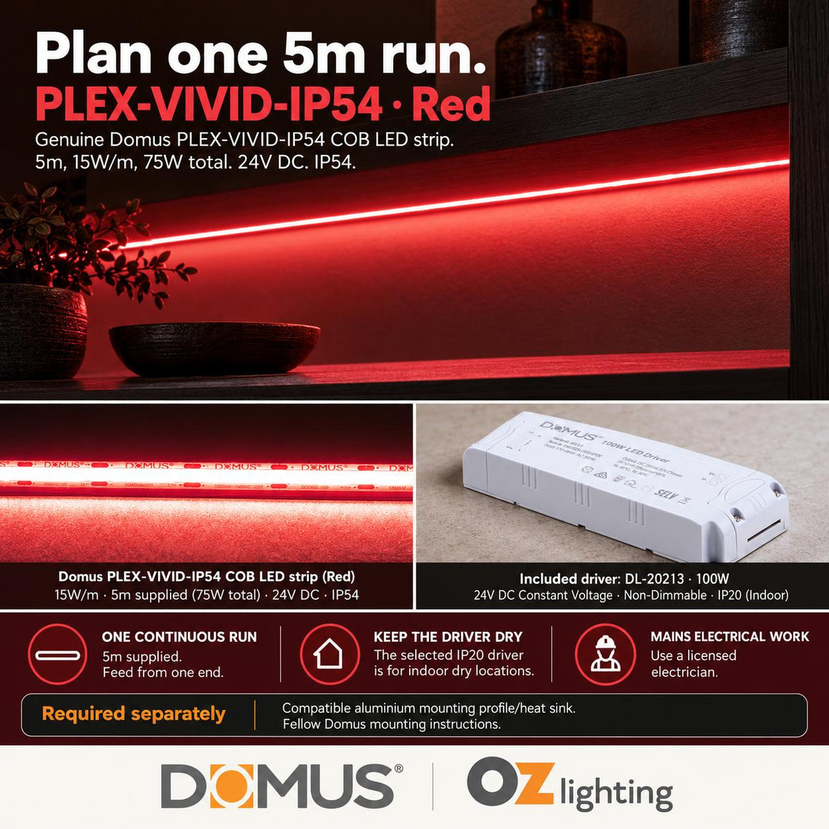 Domus PLEX Vivid 5 Metre 15W/m Red Strip and Driver Bundle-Domus Lighting-Ozlighting.com.au