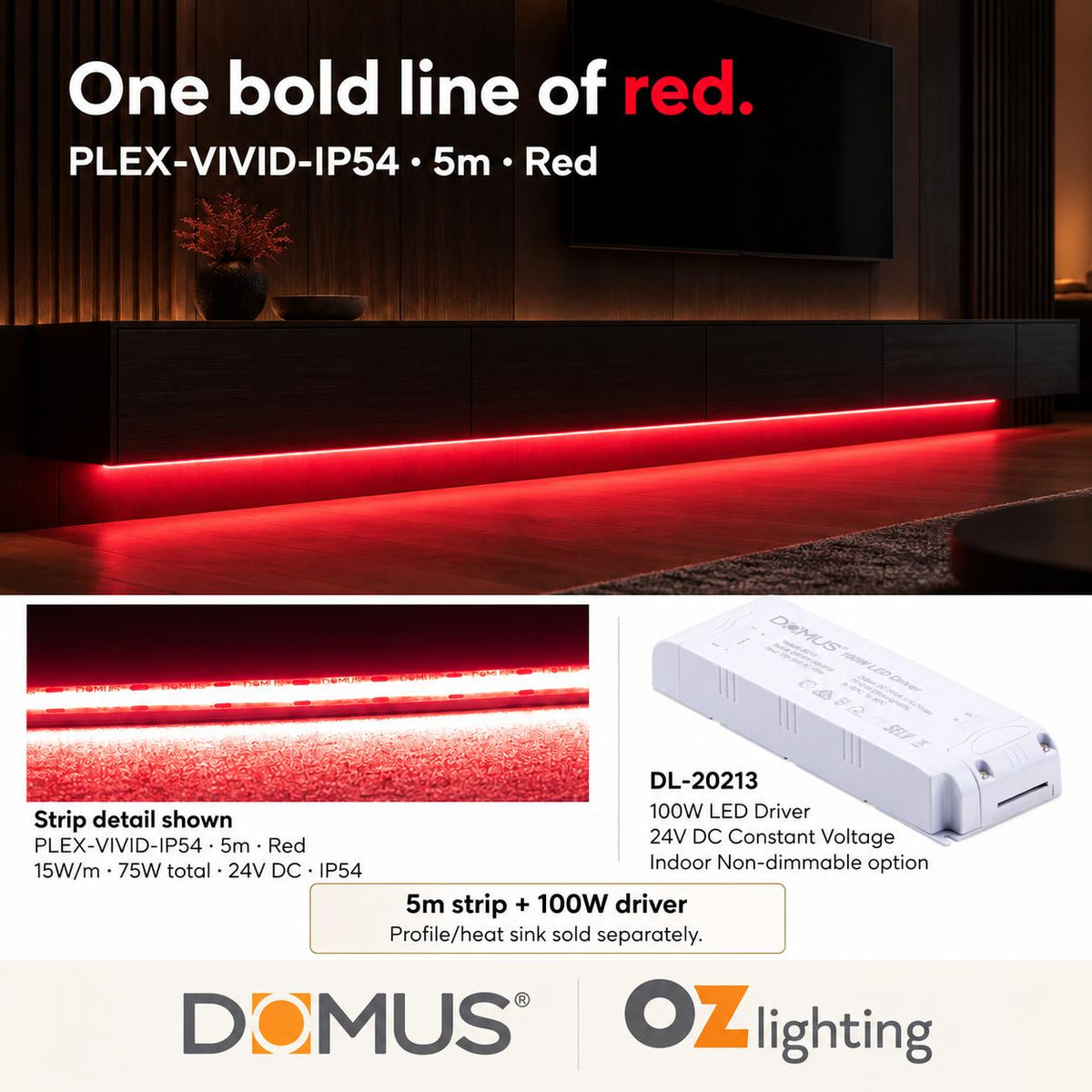 Domus PLEX Vivid 5 Metre 15W/m Red Strip and Driver Bundle-Domus Lighting-Ozlighting.com.au