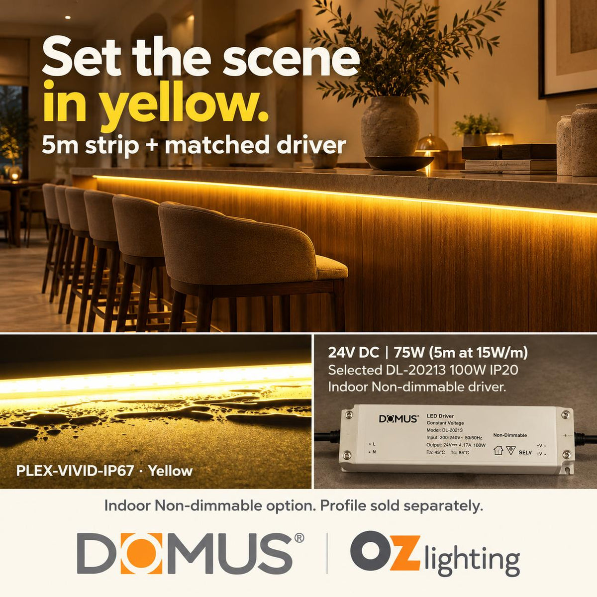 Domus PLEX Vivid 5 Metre 15W/m Yellow Outdoor Strip and Driver Bundle-Domus Lighting-Ozlighting.com.au