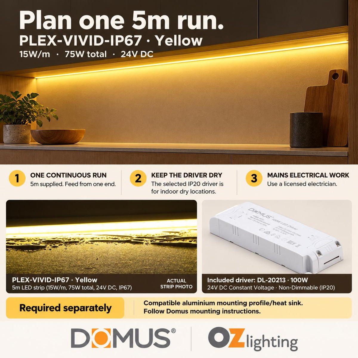 Domus PLEX Vivid 5 Metre 15W/m Yellow Outdoor Strip and Driver Bundle-Domus Lighting-Ozlighting.com.au