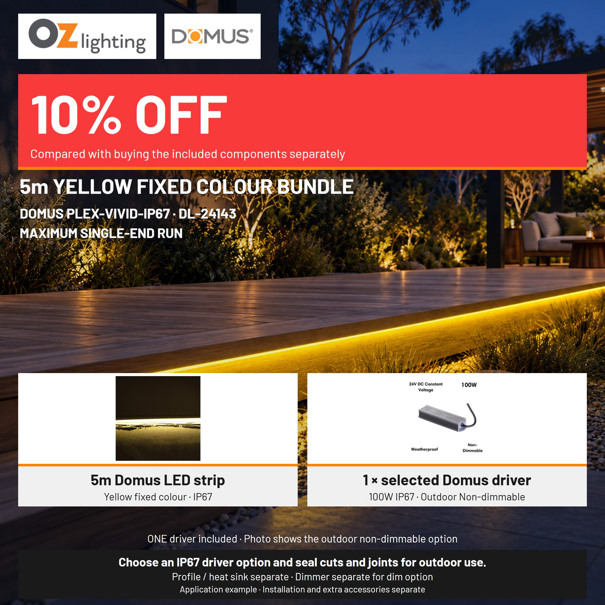 Domus PLEX-VIVID-IP67 LED Strip & Driver Bundle - Yellow, 5m-Domus Lighting-Ozlighting.com.au