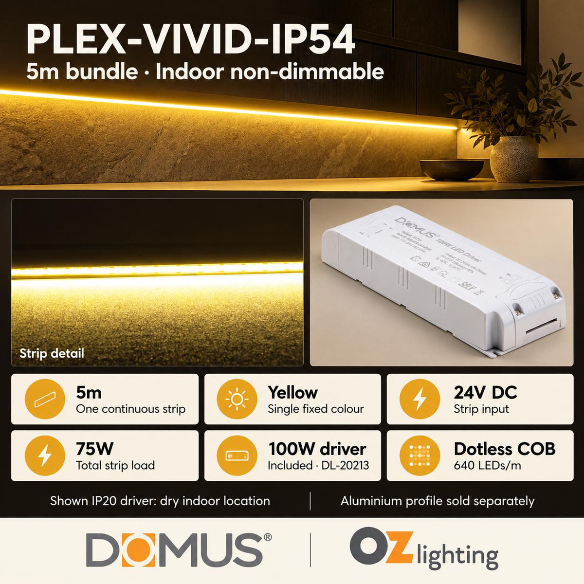 Domus PLEX Vivid 5 Metre 15W/m Yellow Strip and Driver Bundle-Domus Lighting-Ozlighting.com.au