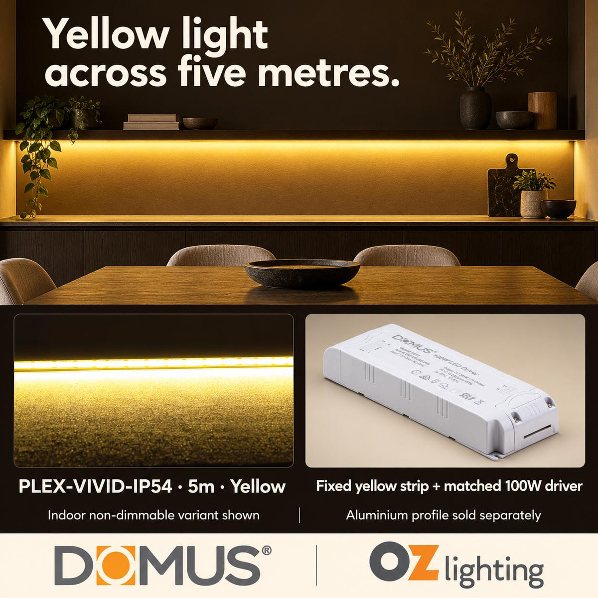 Domus PLEX Vivid 5 Metre 15W/m Yellow Strip and Driver Bundle-Domus Lighting-Ozlighting.com.au