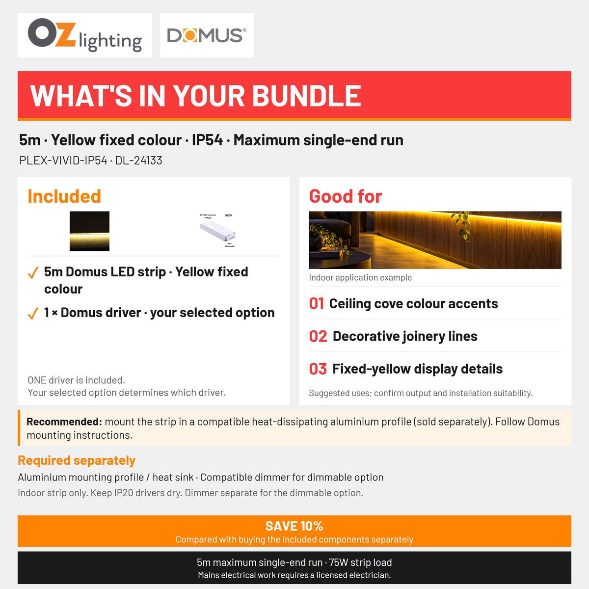Domus PLEX Vivid 5 Metre 15W/m Yellow Strip and Driver Bundle-Domus Lighting-Ozlighting.com.au