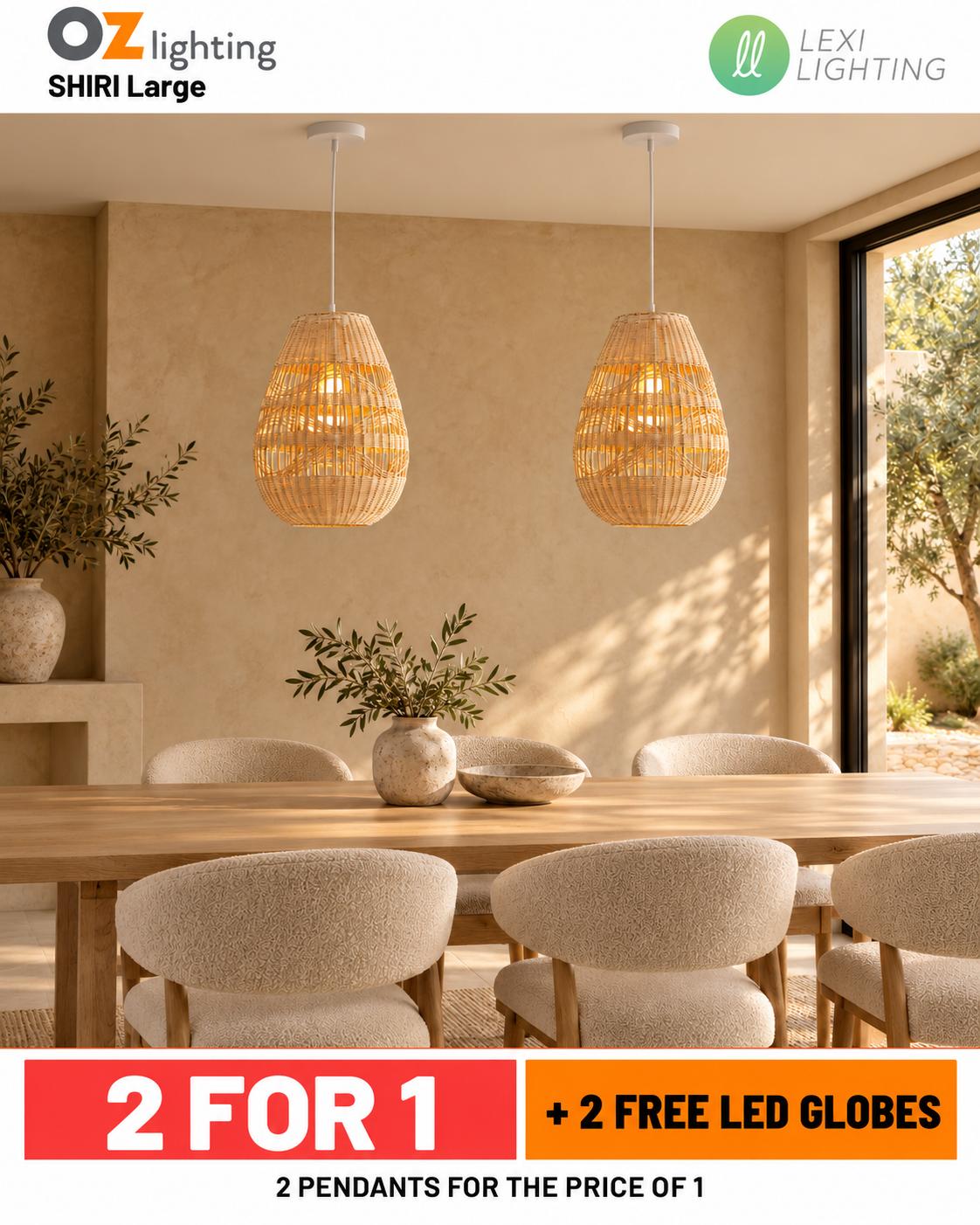 Lexi SHIRI - 1 Light Rattan Pendant - Large — 2 Pendants for the Price of 1 + 2 FREE LED Globes-Lexi Lighting-Ozlighting.com.au