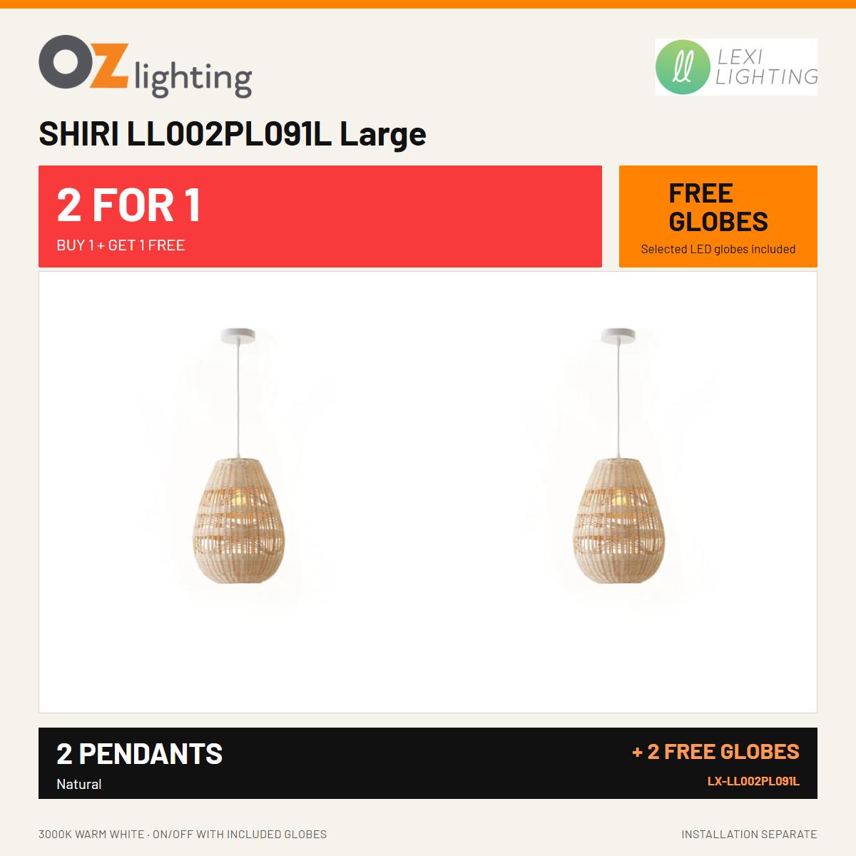 Lexi SHIRI - 1 Light Rattan Pendant - Large — 2 Pendants for the Price of 1 + 2 FREE LED Globes-Lexi Lighting-Ozlighting.com.au