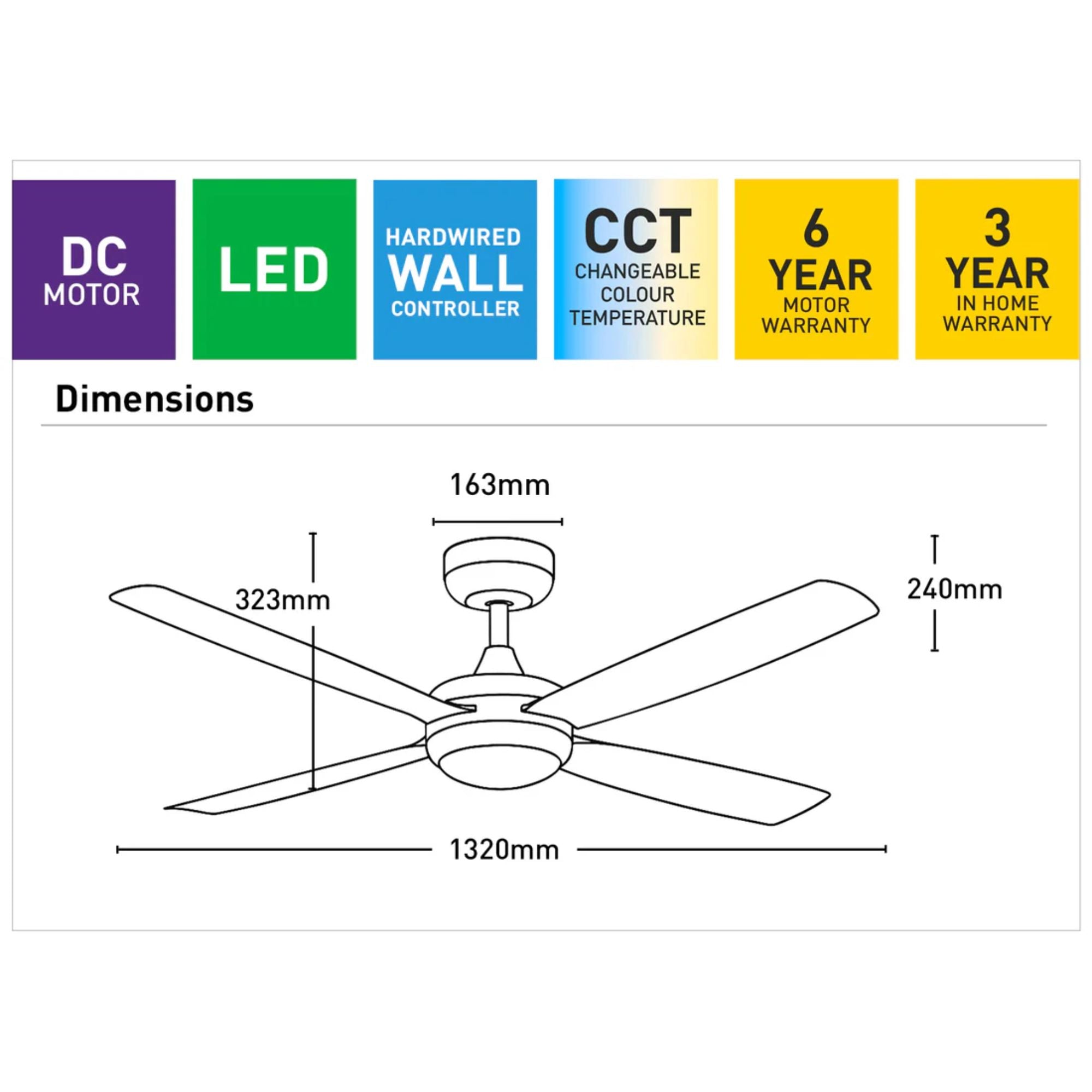 Mercator COLOMBO - 1320mm DC Ceiling Fan with LED Light-Mercator-Ozlighting.com.au