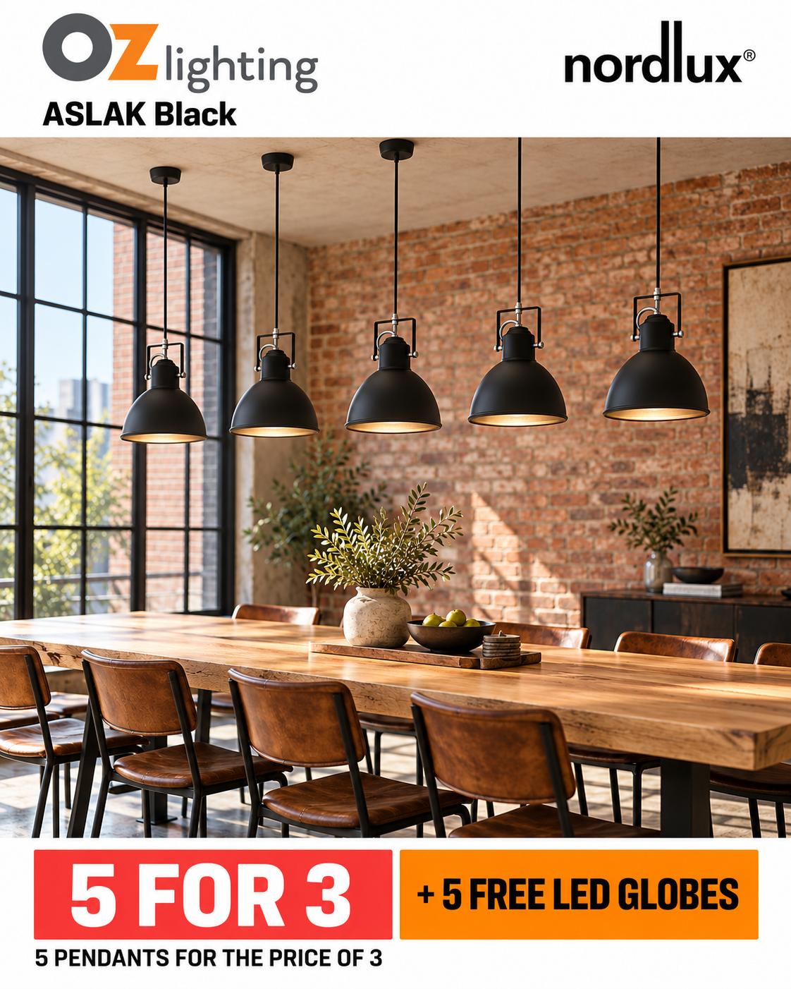 Nordlux ASLAK BLK - 1 Light Pendant — 5 Pendants for the Price of 3 + 5 FREE LED Globes-Nordlux-Ozlighting.com.au