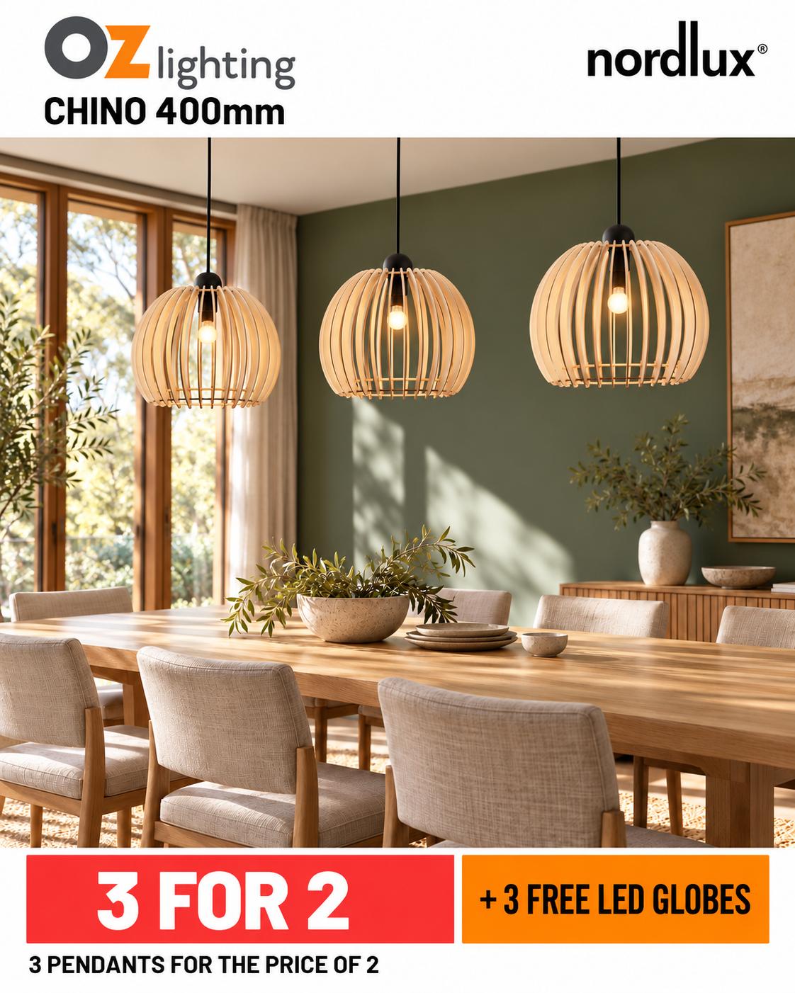 Nordlux CHINO - 1 Light Pendant 400mm — 3 Pendants for the Price of 2 + 3 FREE LED Globes-Nordlux-Ozlighting.com.au