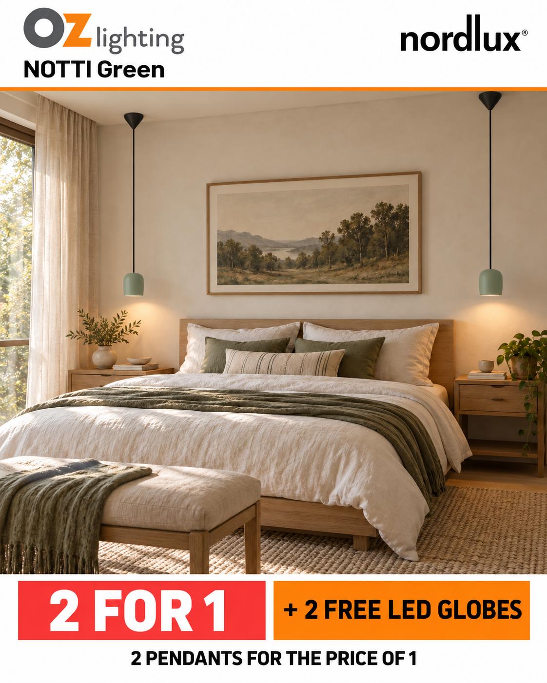 Nordlux NOTTI - 1 Light Minimalist Metal Pendant Green — 2 Pendants for the Price of 1 + 2 FREE LED Globes-Nordlux-Ozlighting.com.au