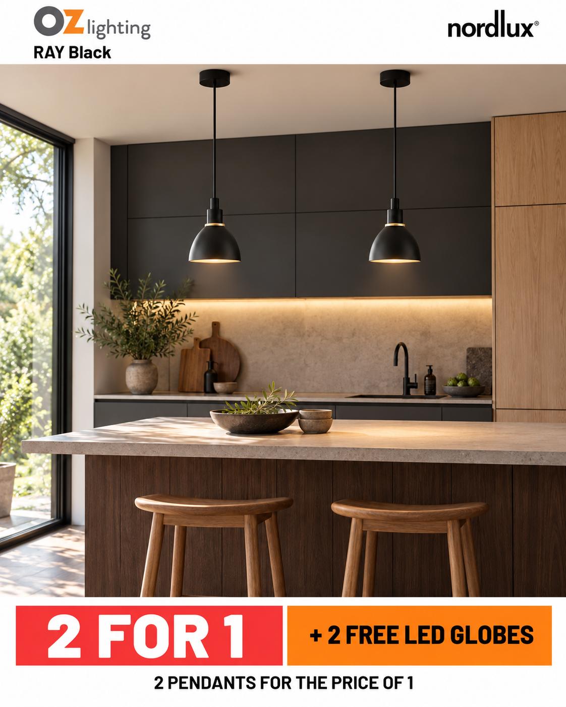 Nordlux RAY Black — 2 Pendants for the Price of 1 + 2 FREE LED Globes-Nordlux-Ozlighting.com.au