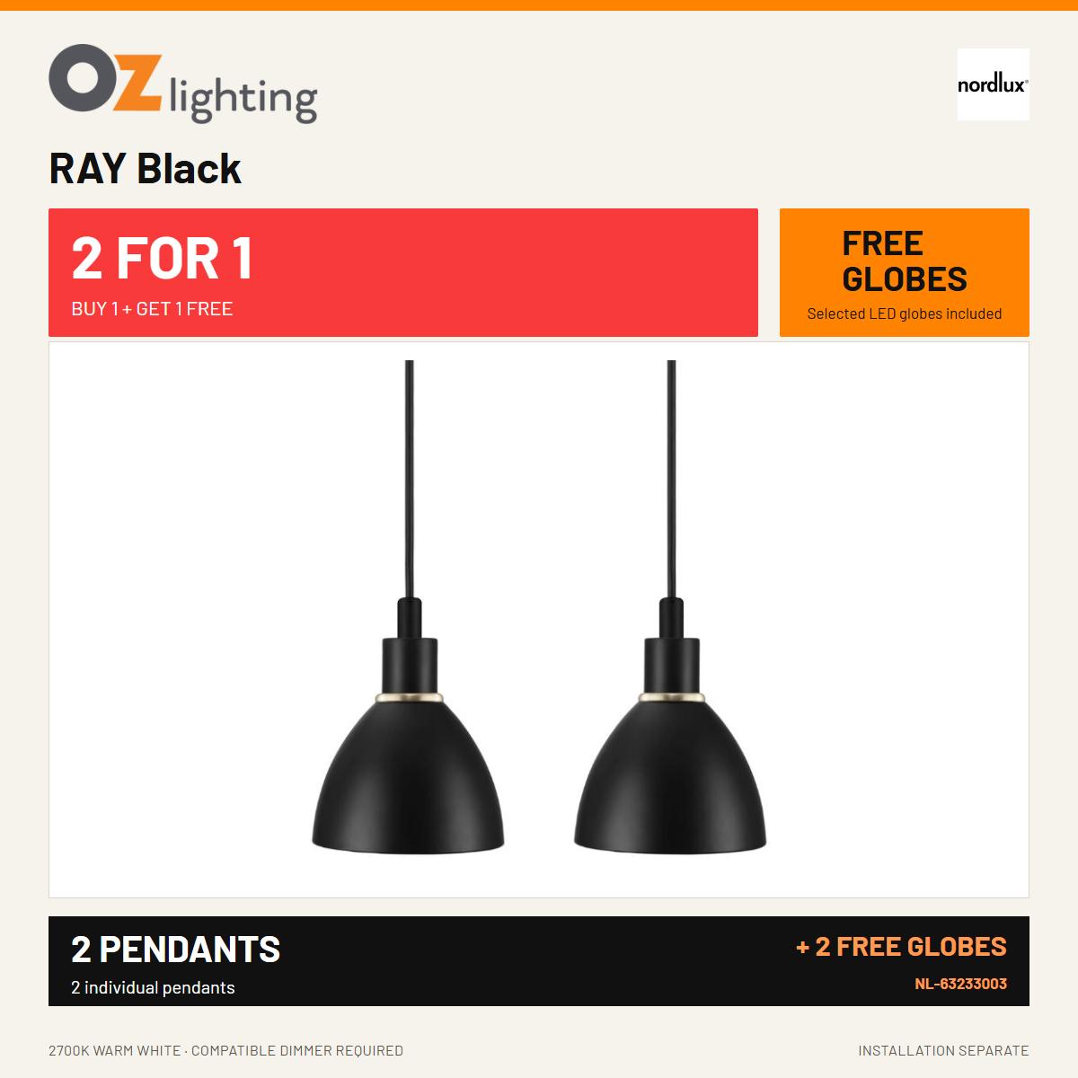 Nordlux RAY Black — 2 Pendants for the Price of 1 + 2 FREE LED Globes-Nordlux-Ozlighting.com.au