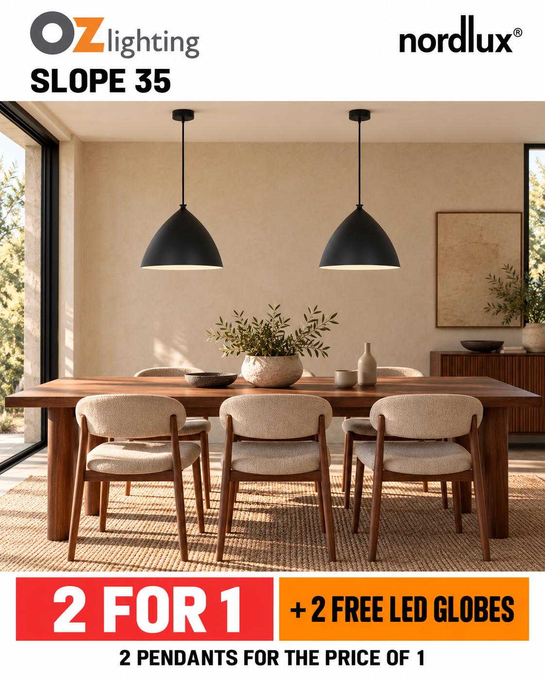 Nordlux SLOPE-35 - 1 Light Metal Pendant - Black — 2 Pendants for the Price of 1 + 2 FREE LED Globes-Nordlux-Ozlighting.com.au