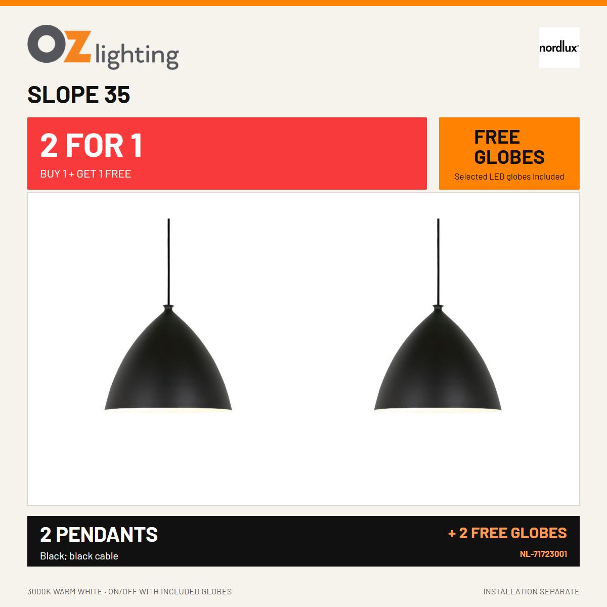 Nordlux SLOPE-35 - 1 Light Metal Pendant - Black — 2 Pendants for the Price of 1 + 2 FREE LED Globes-Nordlux-Ozlighting.com.au