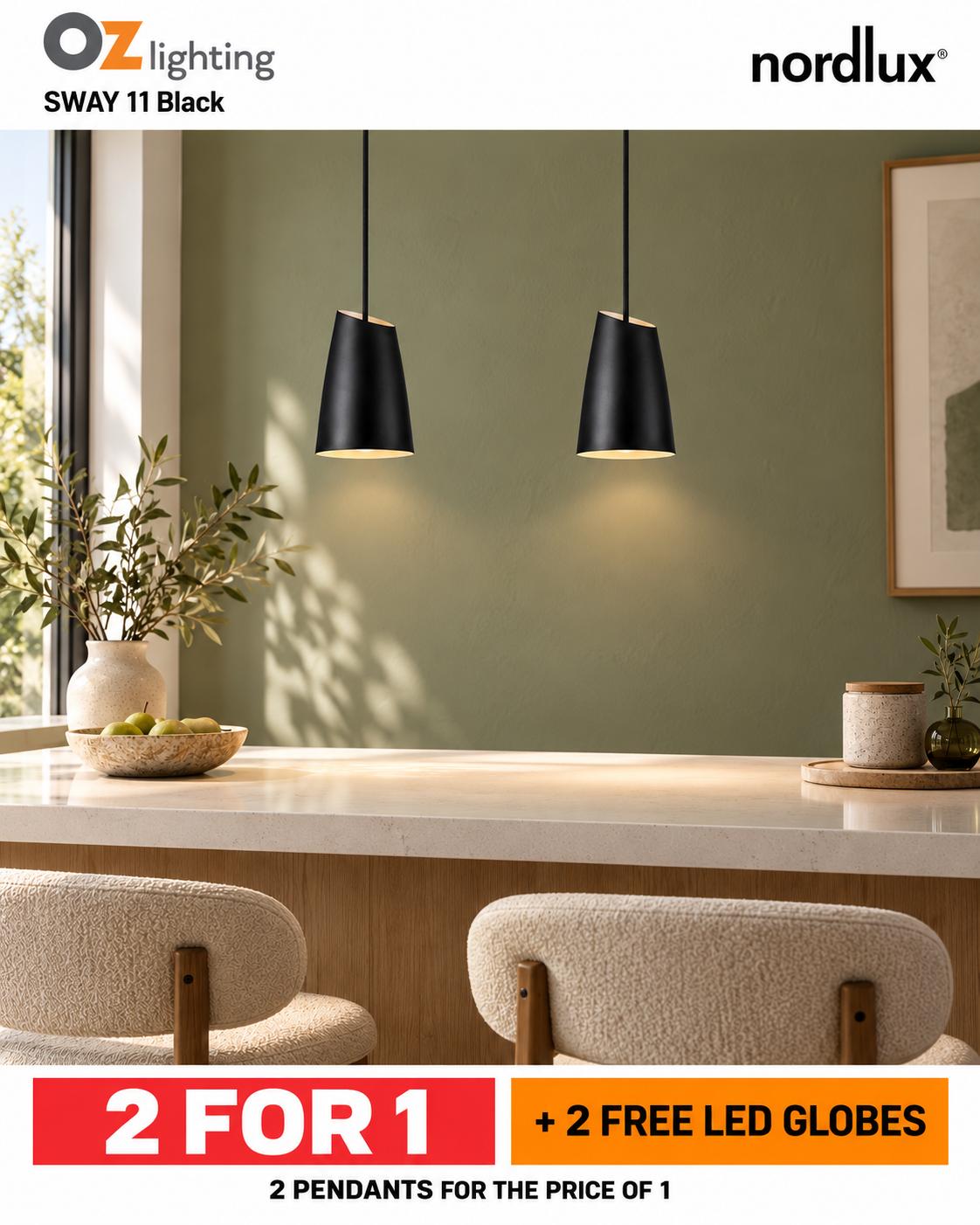 Nordlux SWAY-11/15 - 1 Light Pendant Black - Sway 11 — 2 Pendants for the Price of 1 + 2 FREE LED Globes-Nordlux-Ozlighting.com.au