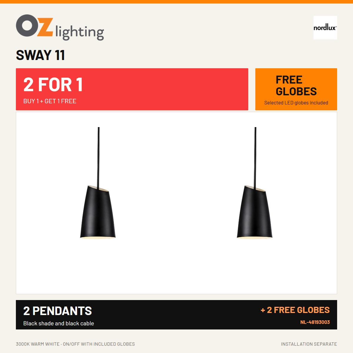 Nordlux SWAY-11/15 - 1 Light Pendant Black - Sway 11 — 2 Pendants for the Price of 1 + 2 FREE LED Globes-Nordlux-Ozlighting.com.au