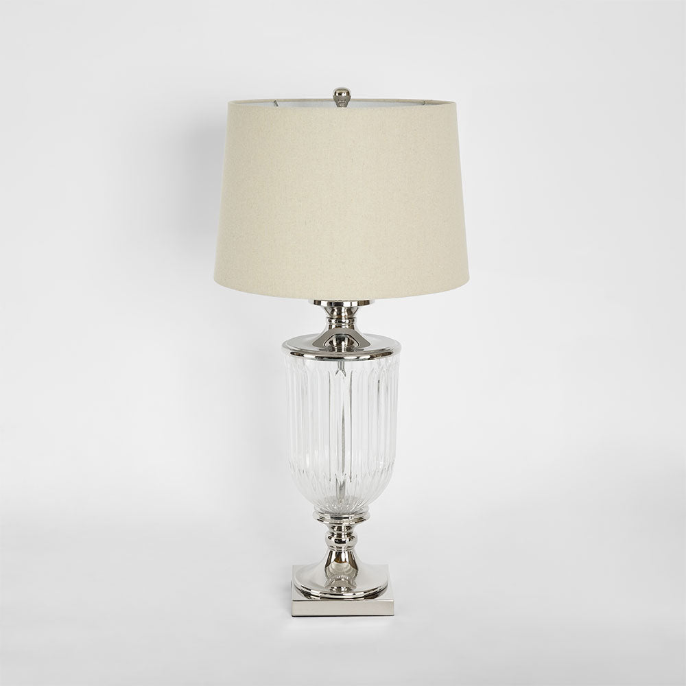 OneWorld Collection BELLEVUE Glass Table Lamp - Nickel / Natural Linen Shade-ONEWORLD COLLECTION-Ozlighting.com.au