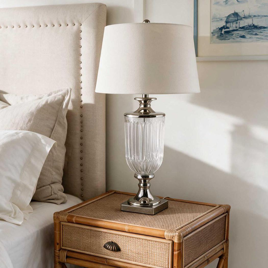 OneWorld Collection BELLEVUE Glass Table Lamp - Nickel / White Linen Shade-ONEWORLD COLLECTION-Ozlighting.com.au
