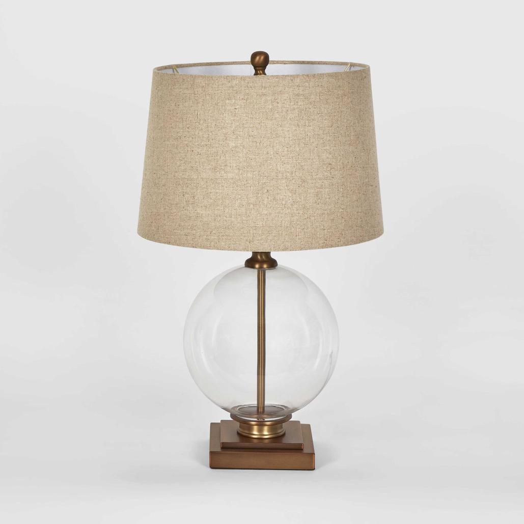 OneWorld Collection IVY Small Glass Table Lamp - Antique Brass / Natural Linen Shade-ONEWORLD COLLECTION-Ozlighting.com.au