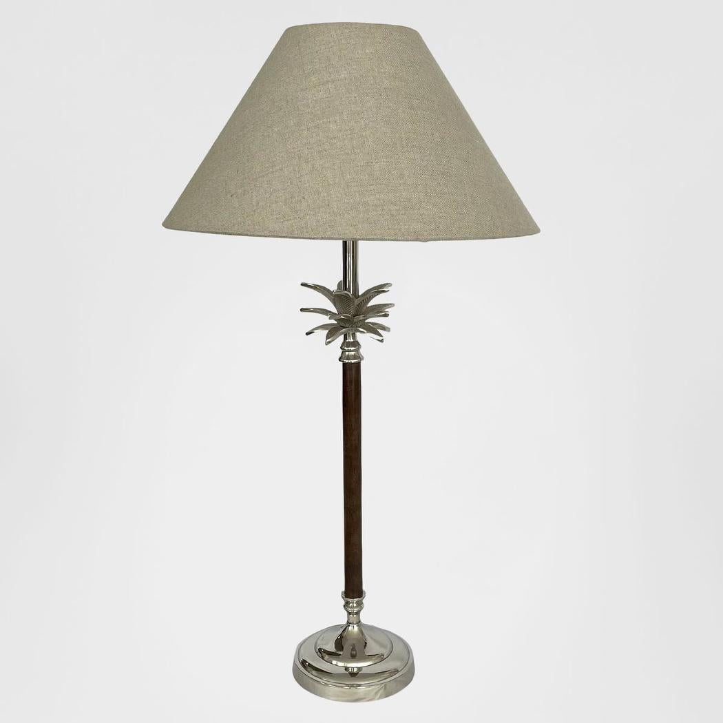 OneWorld Collection PALM Nickel & Wood Table Lamp - Natural Linen Shade-ONEWORLD COLLECTION-Ozlighting.com.au